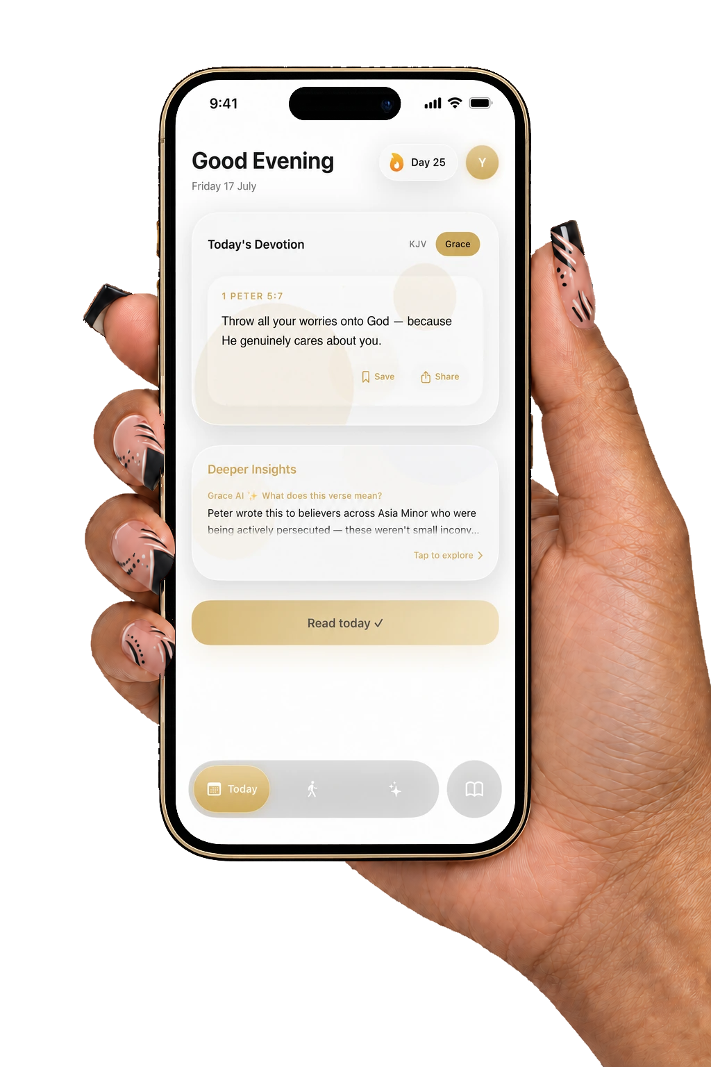 Grace app open on an iPhone, showing today's devotion